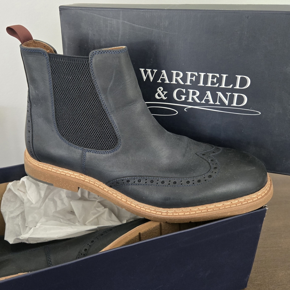 Warfield & Grand Navy Blue Chelsea Boots with Brogue Detailing